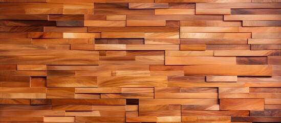 Sticker - A detailed shot of a brown wooden wall constructed with rectangular wooden blocks. The wood stain enhances the natural beauty of the wood, creating a rustic look for the property