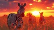 Zebra and foals at sunset with a warm savannah backdrop.