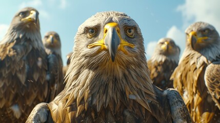 A majestic eagle front and center with its flock behind, exuding strength and freedom.