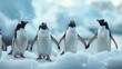 A group of penguins on a snowy landscape, representing wildlife in the polar region.