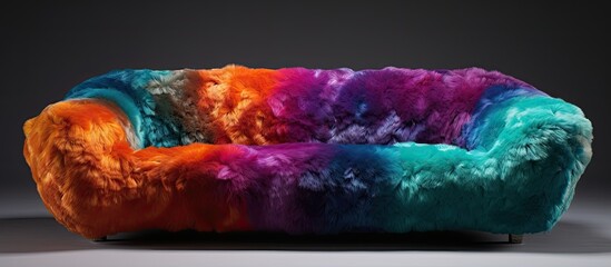 Sticker - A vibrant purple furry couch sits elegantly on a table, creating a unique art display. The magenta hue contrasts with the violet water underneath, resembling an electric blue font on a rectangle