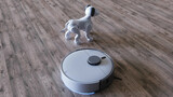 Fototapeta Perspektywa 3d - small funny robotic smart dog and vacuum cleaner robot. 3d rendering.