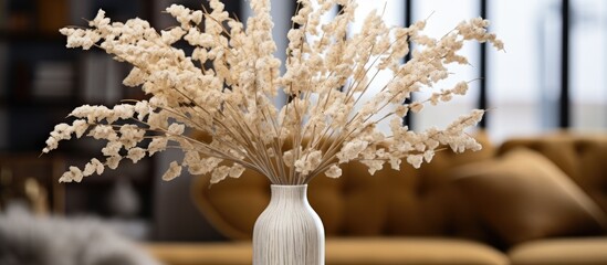 Canvas Print - A white vase filled with dried flowers sits elegantly in the living room, adding a touch of beauty and nature to the space