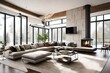 A modern living room with a comfortable sectional sofa, and floor-to-ceiling windows, creating a cozy yet spacious feel