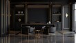 A minimalist black and gold home interior with a monochromatic color palette, featuring black and gold furniture and accessories