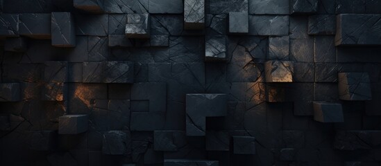 Poster - The dark grey brick wall, made from composite material in rectangular shapes, contrasts with the electric blue squares, showcasing engineering skills in building materials