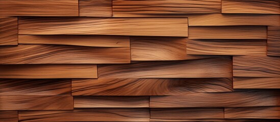 A close up of a hardwood wall made of brown wooden blocks in rectangular shapes. The flooring consists of wooden planks with a wood stain finish