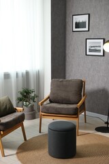 Poster - Home renovation. Room interior with stylish gray wallpaper on wall