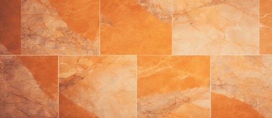 Poster - A detailed shot of a tile floor featuring a marble texture in shades of brown, amber, and orange. The rectangular tiles resemble wood flooring with a beige hue
