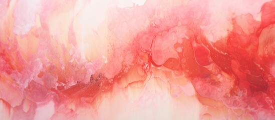 Canvas Print - A close up of a red and white painting on a white background, showcasing a vibrant landscape with pink petals and magenta clouds in the sky