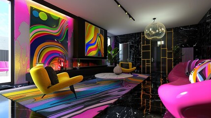 Wall Mural - A modern black and gold home interior with a neon color palette, using bright and bold hues