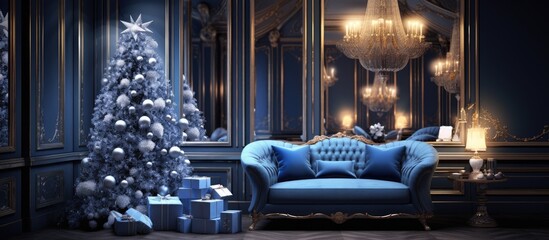 Sticker - A living room decorated for Christmas with a cozy couch and a beautifully lit Christmas tree, creating a festive ambiance in the house