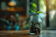 Young plant growing on stack of coins in glass jar with blurry background, saving money concept, investment and financial, growing of money.