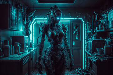 Poster - Futuristic cosplay scene with a female warrior in a dark room