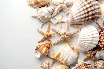 Seashells and starfish isolated on white background, panoramic view. Marine life close-ups, tropical beach vibes, coastal decor inspiration. The concept of summer vacation on the beach