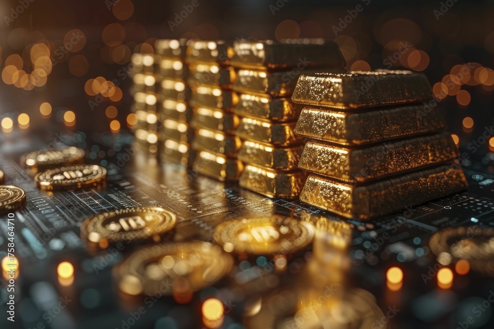 Close up on a 3D stacked gold bars with an upward trend overlay ...
