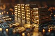 Close up on a 3D stacked gold bars with an upward trend overlay, symbolizing the technological foundation, digital economic, symmetrical.