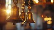 Church bells close-up with soft bokeh - Close-up image of church bells with beautiful bokeh effect in the background inside a church