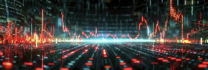 High frequency trading signals visualized as electrical impulses on a digital economic circuit.