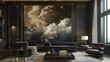 A traditional black and gold home interior with a surreal landscape, featuring abstract clouds and skies