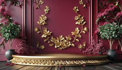 Wall Mural - empty Podium and baroque gold motifs on red background, elegant style, used for displaying products