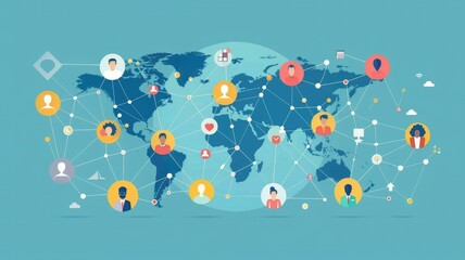 Poster - Global connectivity and international network - Illustration of a connected world map with human icons and social media symbols depicting international communications