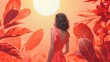 Woman in red contemplating in a surreal scene - A thought-provoking image of a woman in a red dress surrounded by oversized leaves under a giant sun