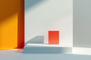 Poster - Minimalist red square in modern space - Minimalist design with a bold red square against a white staircase and shadow play in modern architectural space