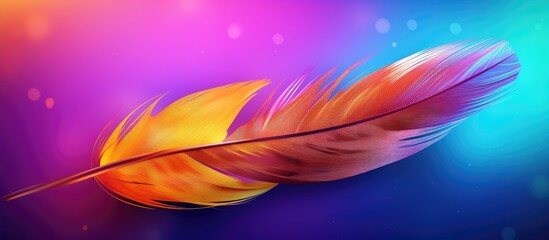 Poster - A vibrant petal of a feather stands out against an electric blue background. The colors of purple, violet, and magenta create a stunning art piece resembling a water plant in a vivid event