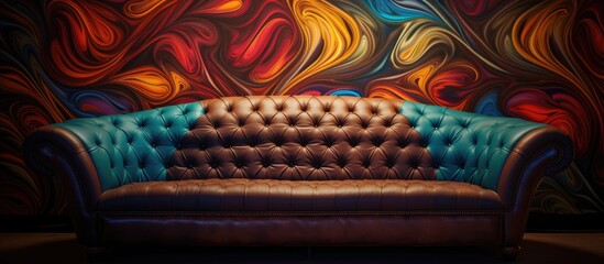 Sticker - A rectangleshaped, woolen, magenta couch sits in front of a colorful wall adorned with an electric blue pattern