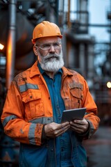 Poster - experienced technician overseeing gas refinery operations at twilight among industrial equipment.