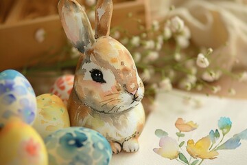 Wall Mural - Happy watercolor bunny and easter eggs