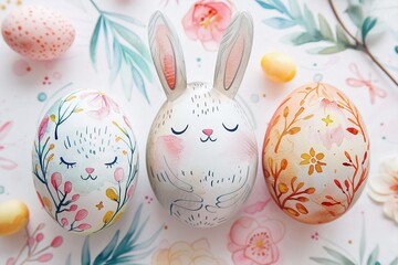 Wall Mural - Happy watercolor bunny and easter eggs