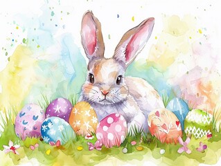 Wall Mural - Happy watercolor bunny and easter eggs