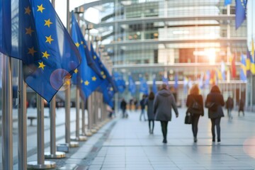 EU flags at modern office building with people