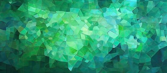 Poster - An artistic depiction of a natural landscape resembling a stained glass window with a green background. The terrestrial plants, grass, and water create a harmonious pattern in rectangular shapes