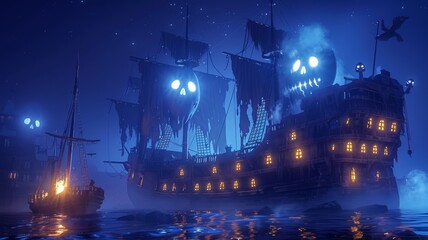 A haunted pirate ship with ghost crew, eerie cartoon 3D