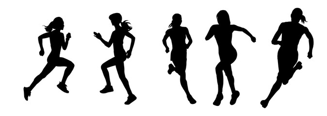 Wall Mural - Collection silhouette of a sporty female in running pose. Group silhouette of woman runners