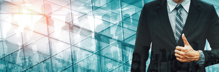 Wall Mural - double exposure image of success business people on abstract modern city background. future business
