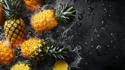  Top views of fresh yellow pineapples fruits with visible water drops