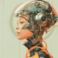 Poster - Humanoid robot head with complex wiring - Intricate details of a humanoid robot's head, highlighting complex wiring and mechanical design