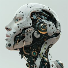 Poster - Detailed robotic head sculpture closeup - A highly detailed closeup of a robot's head revealing intricate mechanical and electronic parts within, symbolizing advanced technology and artificial intelli