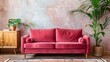 Pink velvet loveseat sofa, wooden cabinet and potted houseplant against venetian stucco wall. Scandinavian home interior design of modern living room.Pink velvet loveseat sofa, wooden cabinet and pott