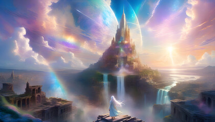 Wall Mural - A digital painting of a goddess with silver hair and white wings in landscape and a celestial city in the sky