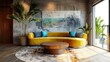 Bohemian Chic, Yellow Curved Sofa with Blue Cushions and Round Rustic Wood Coffee Table Against Stucco Wall Adorned with Poster in a Modern Living Room with Boho Flair.