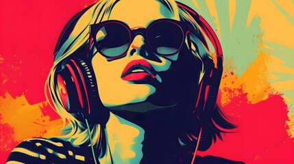 Pop art retro style pretty blonde young people wearing headphones and sunglasses on vibrant colorful background.