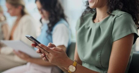 Aufkleber - Business people, job interview or hands with phone in waiting room for sign up, registration or recruitment application Hiring, line or employee on smartphone app for onboarding process at hr office