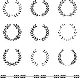 Fototapeta  - Set black silhouette circular laurel foliate, wheat and oak wreaths depicting an award, achievement, heraldry, nobility on white background. Emblem floral greek branch flat style