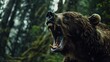 A huge and aggressive grizzly bear with sharp teeth, seen in a movie scene.