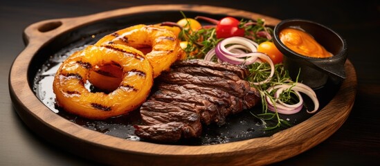 Wall Mural - A delicious dish featuring steak, pineapple rings, onions, and sauce served on a wooden tray. Its a comforting meal perfect for sharing with loved ones